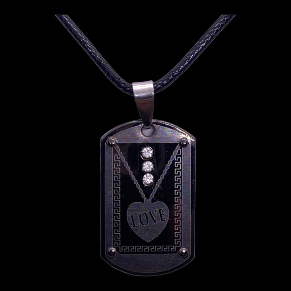 Faux Leather Chain BLACK Gun Metal Dog Tag Love Pendant Rhinestone Necklace - Picture 6 of 6